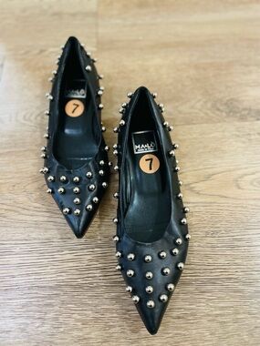 Malo Black Pointed Toe Flats with Silver Studs made in Italy